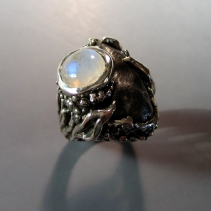 Sikhote Alin Meteorite in Sterling Silver Ring with Rainbow Moonstone