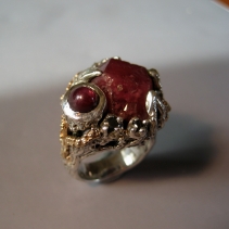 Garnet Crystal in Sterling Silver and 14kt Gold Ring with Star Ruby