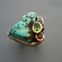 Turquoise, SS/14kt Gold Ring with Gemstones