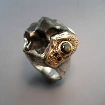 Sikhote Alin Meteorite in Sterling Silver and 14kt Gold Ring with Star Black Sapphire and Black and Brown Diamonds