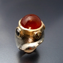 Garnet Cabochon in Sterling Silver and 14kt Gold Ring with Rose Cut Black Diamonds and Spessartite Garnets