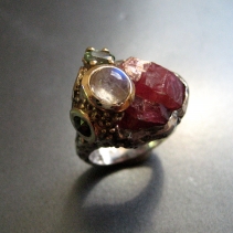 Garnet Crystal, Sterling Silver Ring with Rainbow Moonstone