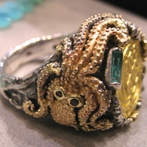 Shipwreck Coin in Sterling Silver and 14kt Gold Octopus Ring with Diamond Crystal, Black Diamond Eyes