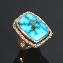 Old Kingman Turquoise, Sterling Silver and 14kt Gold Ring