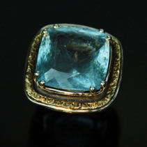 Large Aquamarine Sterling Silver and 14kt Gold Ring