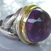 Large Amethyst Cabochon in Sterling Silver and 14kt Gold Ring