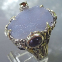 Drusy Lavender Chalcedony in Sterling Silver Ring with Amethysts, Sapphires, Garnets, Moonstones