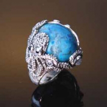 Oceanite in Sterling Silver Octopus Ring with Rainbow Moonstones, Sapphires