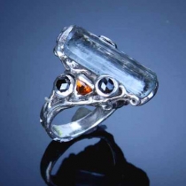 Aquamarine Crystal, SS Ring with Black Diamonds and Spessartite Garnets