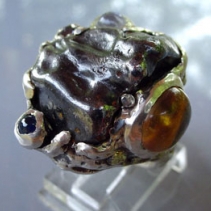 Sikhote Alin Meteorite in Sterling Silver Ring with Citrine, Rainbow Moonstones, Black Diamond