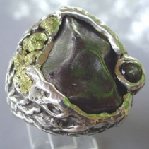Sikhote Alin Meteorite in Sterling Silver Ring with Black Star Sapphire and Gold Nuggets