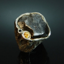 Meteorite SS Ring with Black Diamonds and Yellow Sapphire