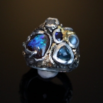 Multi-stone, Blue Mood, Sterling Silver and 14kt Gold Ring