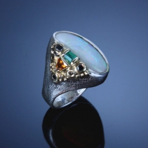 Andamooka Opal in Sterling Silver and 14kt Gold Ring with Emerald, Brown and Black Diamonds, Spessartite Garnet