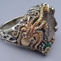 Shipwreck Coin in Sterling Silver and 14kt Gold Ring with Emerald Crystal, Brown Diamonds