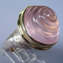 Spiral Cut Rose Quartz in Sterling Silver and 14kt Gold Ring