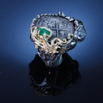 Shipwreck Coin in Sterling Silver and 14kt Gold Ring with Emerald and Diamond Crystals, Black Diamonds, Cat's Eye Chrysoberyl, Sapphire