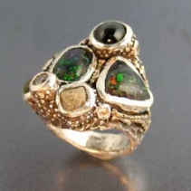 Sugared Andamooka Opal, Multi-stone ring with Diamond Crystal, Star Sapphire, Brown Diamond in Sterling Silver and 14kt Gold