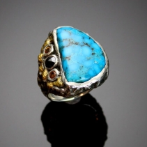 Kingman Turquoise in sterling Silver and 14kt Gold Ring with Black Diamond and Yellow Sapphires