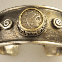 Alexander the Great AR Drachm, Sterling Silver and 14kt Gold Cuff Bracelet