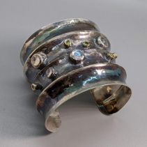 Wide Sterling Silver Cuff Bracelet with Green and Yellow Diamonds and Rainbow Moonstones