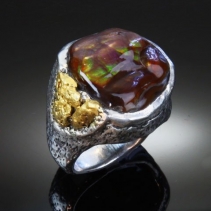 Fire Agate, Sterling Silver Ring with Gold Nuggets