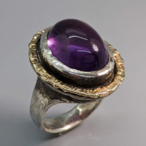 Amethyst Cabochon Sterling Silver Ring with 14kt Gold Rim